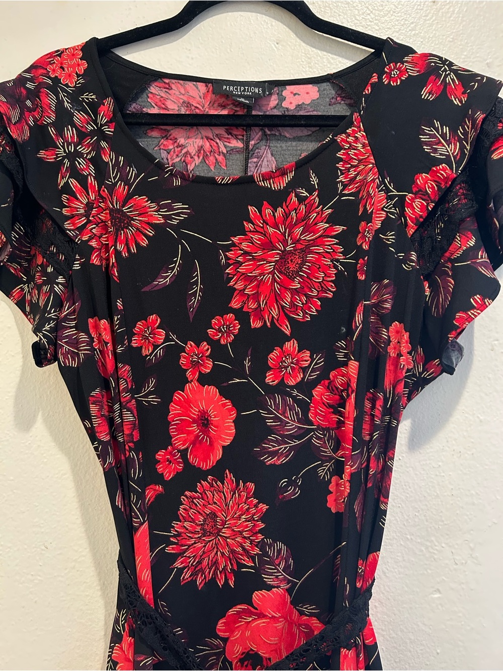 Perceptions Black Dress with Red Floral Print
